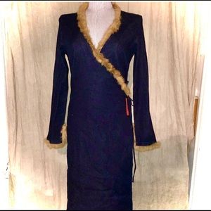 PRADA denim wrap dress w fur trim — a sick fit— so stylish and so totally fab